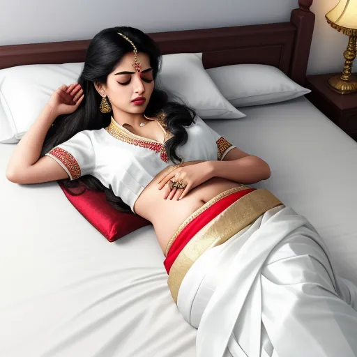 generate photo from text - a woman in a white sari laying on a bed with a red pillow and a lamp on the side, by Raja Ravi Varma