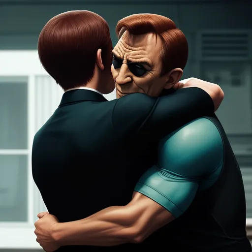 generate picture from text - a man hugging another man in a black suit and green shirt in a cartoon picture of a man in a black suit, by Lois van Baarle