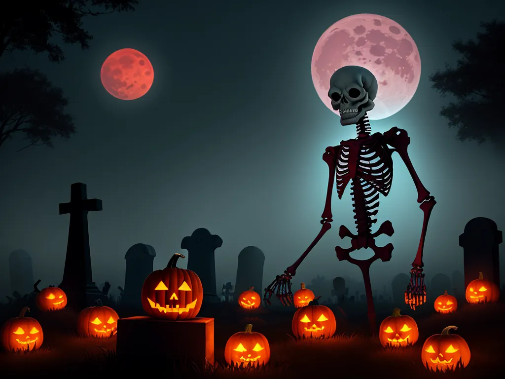 text to photo ai - a skeleton standing in a graveyard with pumpkins and a full moon in the background with a full moon in the sky, by Toei Animations