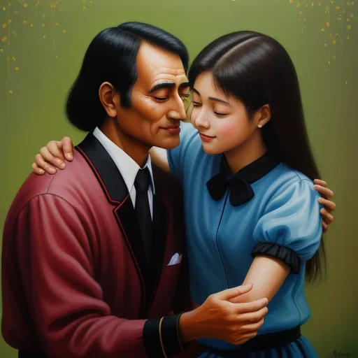 text to picture generator ai - a painting of a man and woman embracing each other with stars in the background and a green background behind them, by Shusei Nagaoko