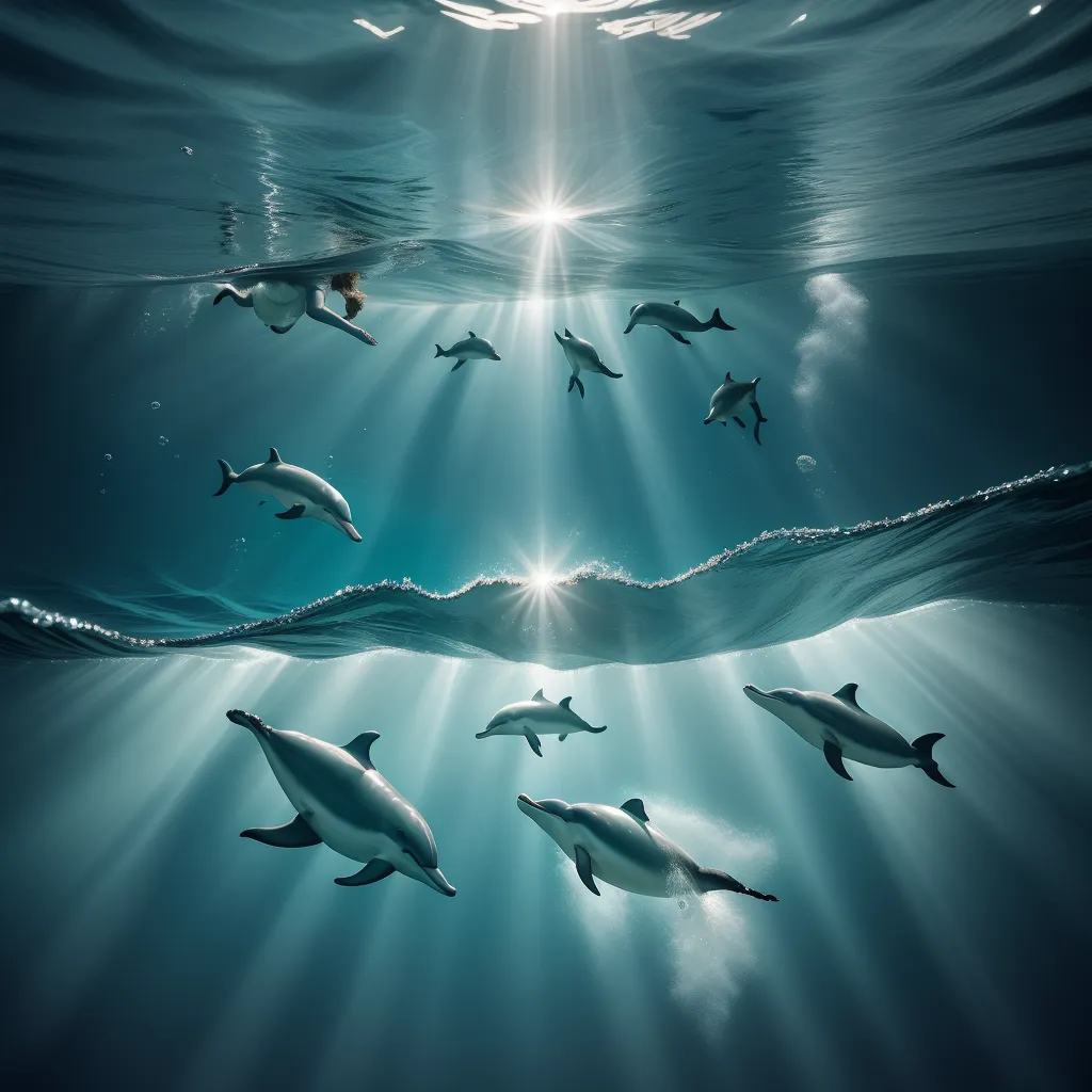 how to make image higher resolution - a group of dolphins swimming under water with sunlight shining through the water's bubbles and a starburst above them, by Andy Fairhurst