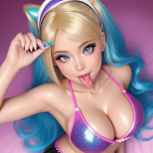 a very cute looking doll with a big breast and blue hair and a pink bra top on her head, by Akira Toriyama
