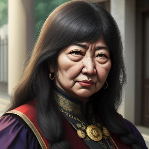 increase resolution of image - a woman with long hair wearing a red and gold outfit and a necklace with a gold medallion on it, by Chen Daofu