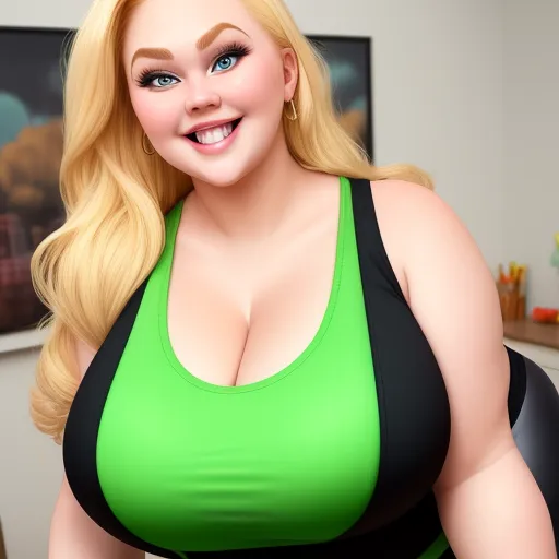 photo converter - a woman in a green top is smiling for the camera, with a large breast and large breasts,, by Hanna-Barbera
