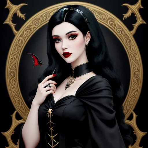 a woman with black hair and a red butterfly on her shoulder, wearing a black dress and a red necklace, by Tom Bagshaw