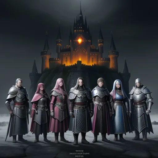 low quality photos - a group of knights standing in front of a castle at night with a full moon in the sky above them, by Kentaro Miura