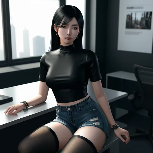 a woman in a black top and shorts sitting at a desk with a laptop computer on it's side, by Chen Daofu