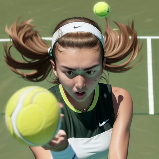 a girl is playing tennis on a court with a racket and ball in her hand and a tennis ball in the air, by Terada Katsuya