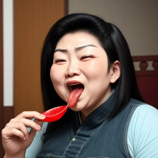 ai generated images from text online - a woman with a red toothbrush in her mouth and a blue shirt on her shirt and a red object in her mouth, by Shusei Nagaoko