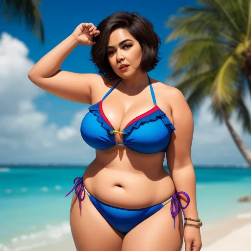 convert photo to 4k - a woman in a blue bikini standing on a beach with palm trees in the background and a blue sky, by Hendrik van Steenwijk I