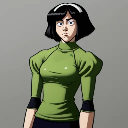 a cartoon of a woman with a green shirt and black pants and a green shirt with a black collar, by Hirohiko Araki