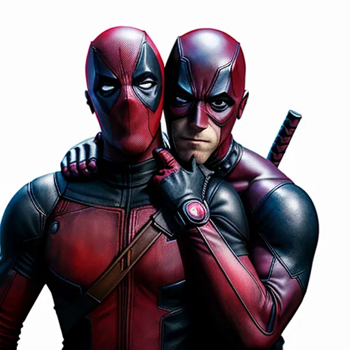 best free ai image generator - two men in costumes are standing next to each other with swords in their hands and one is wearing a red and black costume, by Todd McFarlane