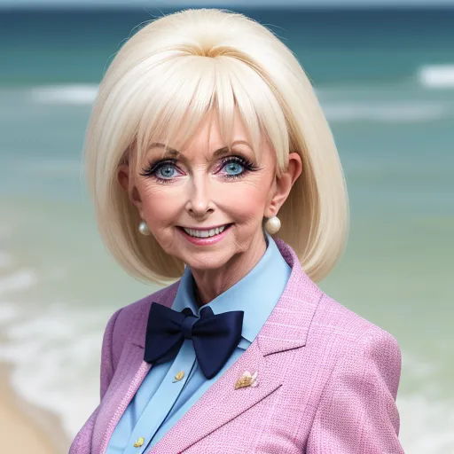 how to make image higher resolution - a woman with blonde hair and a blue shirt and bow tie standing in front of the ocean with a pink suit and blue shirt, by Lisa Frank