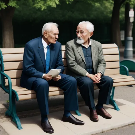 two older men sitting on a bench in a park, one of them is holding a tablet and the other is looking at something, by Joel Sternfeld