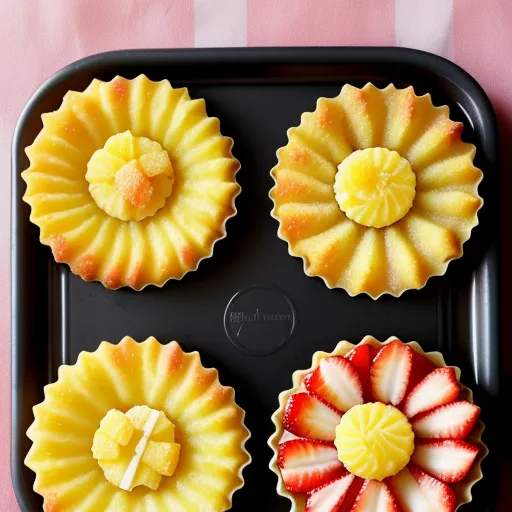 four cupcakes with different designs on a tray on a table with a pink background and a pink table cloth, by Henriett Seth F.