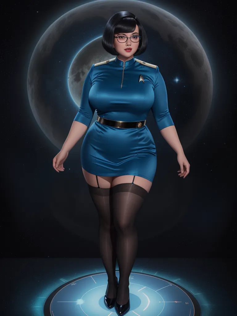 ai created images - a woman in a blue dress is walking on a circular platform with a moon in the background and a blue moon behind her, by Lois van Baarle