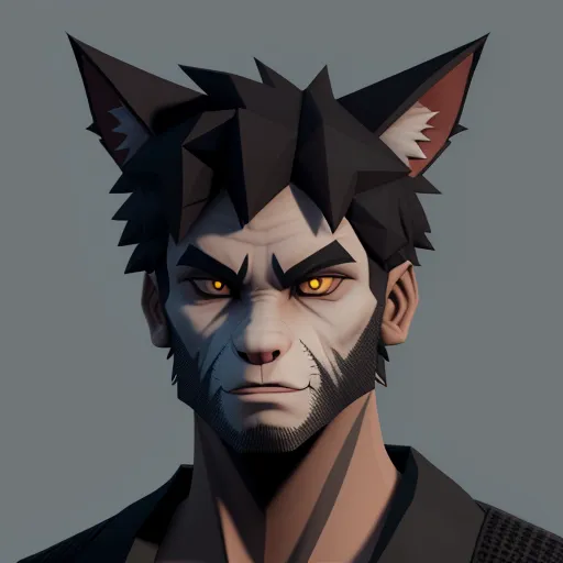 a character with a cat's head and yellow eyes, with a black jacket and a black vest, by theCHAMBA