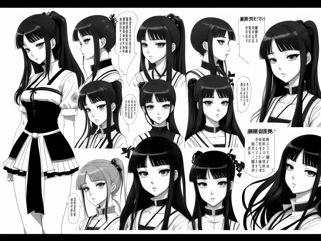 a bunch of anime girls with long hair and long hair, all in black and white, with asian characters, by Rumiko Takahashi