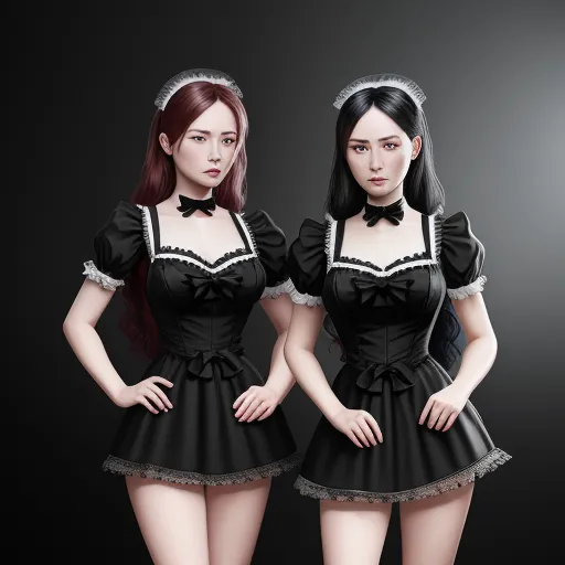 how to change resolution of image - two women in black dresses standing next to each other with their hands on their hipss and their backs turned, by Chen Daofu