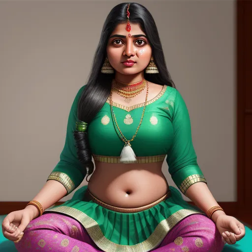 ai based photo enhancer - a woman in a green outfit sitting on a blue cushion with a necklace on her neck and a necklace on her neck, by Raja Ravi Varma