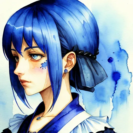 a drawing of a woman with blue hair and a bow in her hair, wearing a blue dress and a black bow, by Hanabusa Itchō