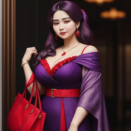 a woman in a purple dress holding a red purse and a red purse in her hand and a red purse in her other hand, by Chen Daofu