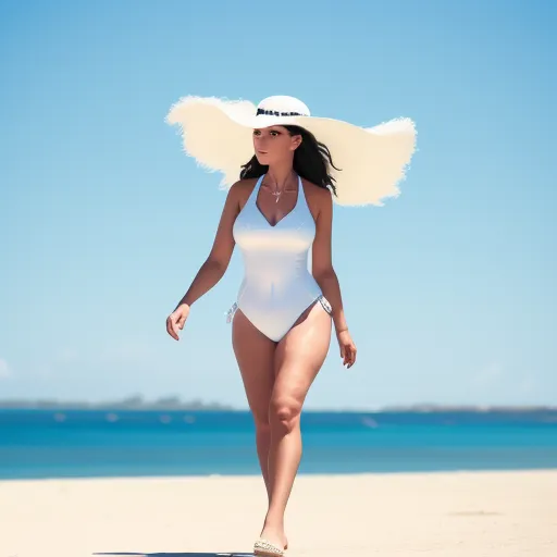 a woman in a white swimsuit and hat walking on the beach with a blue sky in the background, by Hendrik van Steenwijk I