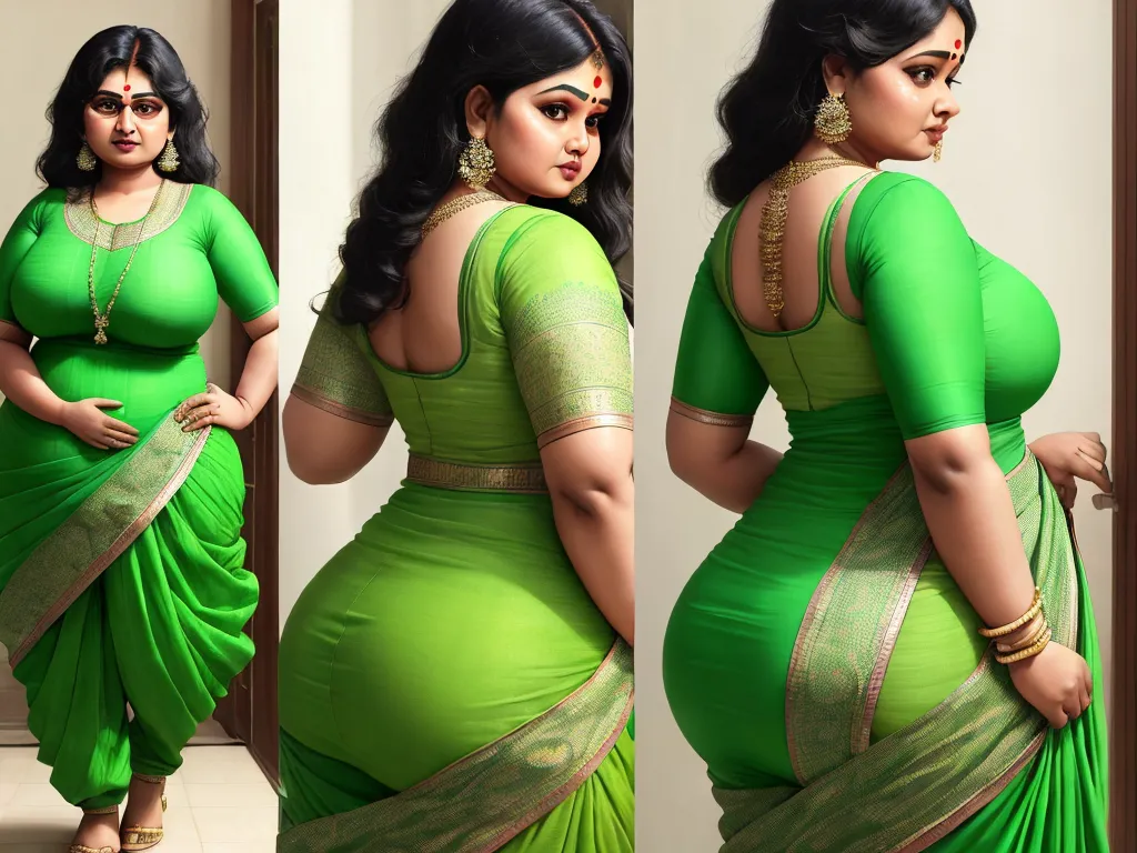 a woman in a green sari with a big breast and a big breast in a green sari, by Raja Ravi Varma