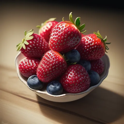 a bowl of strawberries and blueberries on a table top with a shadow of the bowl on the table, by Adam Martinakis