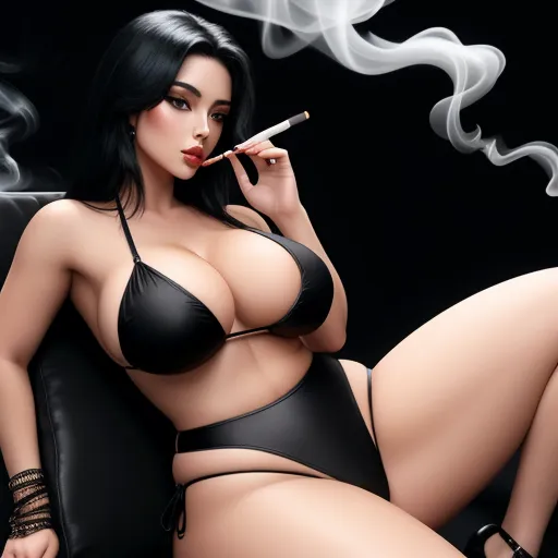 a woman in a bikini smoking a cigarette on a couch with a black background and a black background behind her, by Terada Katsuya