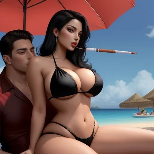 best text-to image ai - a woman in a bikini sitting next to a man on a beach with an umbrella over her head and a cigarette in her mouth, by Hanna-Barbera
