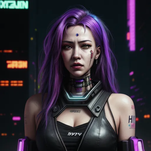 a woman with purple hair and piercings in a futuristic city setting with neon lights and a futuristic suit, by Terada Katsuya