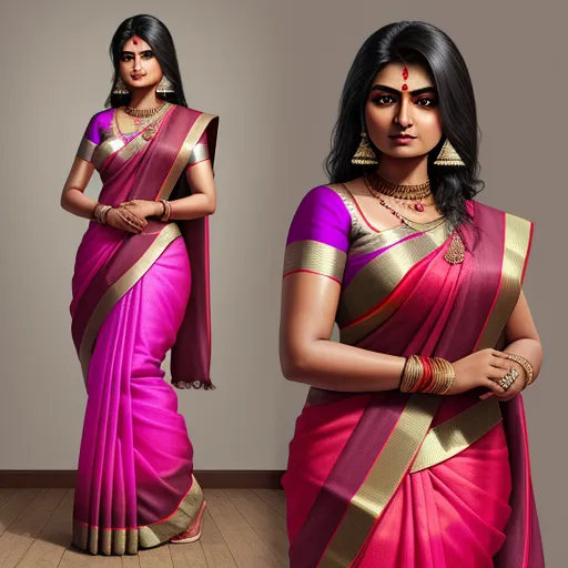 text-to-image ai generator - a woman in a pink and gold sari with a gold necklace and a gold necklace on her neck, by Raja Ravi Varma