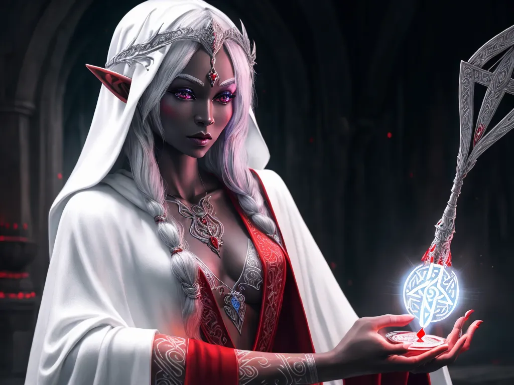 hd quality photo - a woman in a white robe holding a crystal ball and a sword in her hand with a red glow on it, by Antonio J. Manzanedo