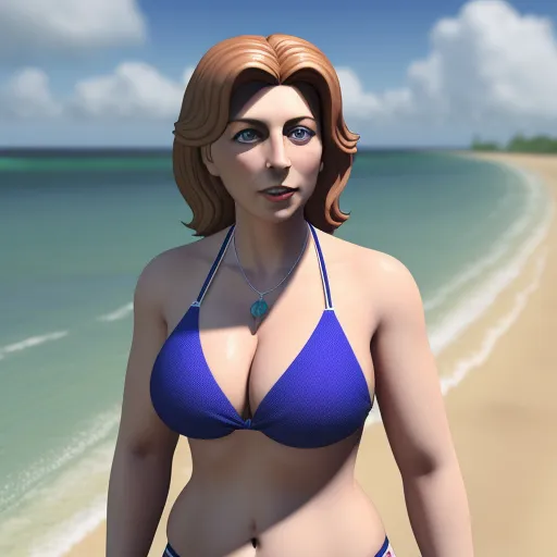 a woman in a bikini standing on a beach next to the ocean with a blue necklace on her neck, by Toei Animations