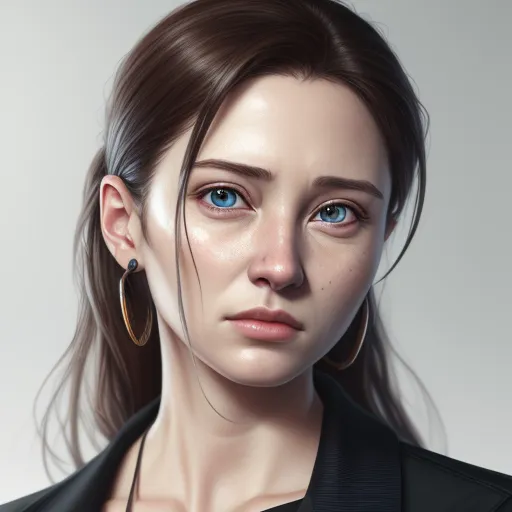 a woman with a black shirt and a pair of earrings on her neck and a black jacket on her shoulders, by Lois van Baarle