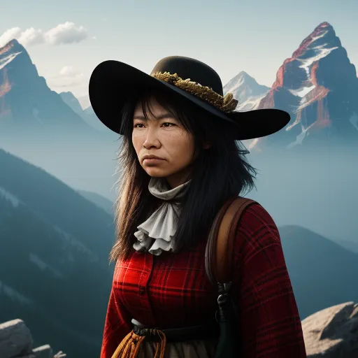 a woman wearing a hat and a red shirt and a brown purse and a mountain range in the background, by Kent Monkman