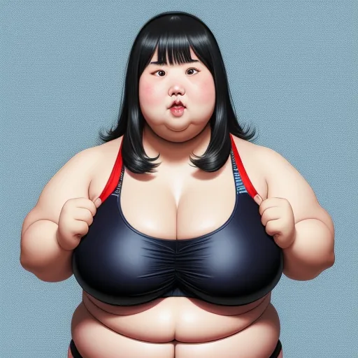 convert photo into 4k - a fat woman in a bikini posing for a picture with her hands on her hips and her mouth open, by Terada Katsuya