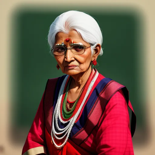 4k image - a woman with white hair and glasses wearing a necklace and a red shirt and a green background with a square, by Bhupen Khakhar
