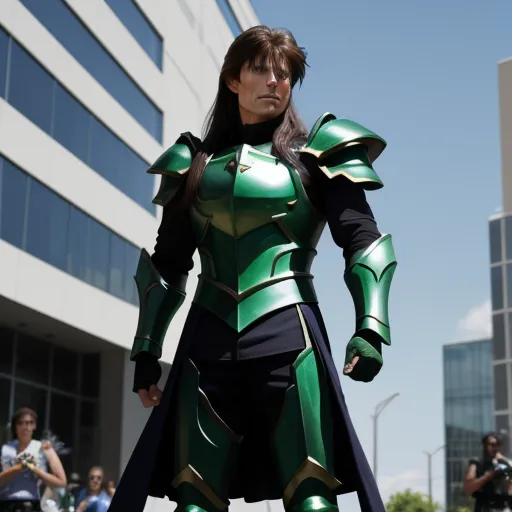 a woman in a green and black suit standing in front of a building with a group of people behind her, by Sailor Moon