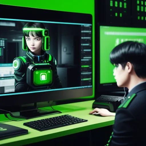 how to increase image resolution - a man sitting at a computer with a green screen on his face and a green background behind him, a man with a black hair and a black suit and a green collar, by Terada Katsuya