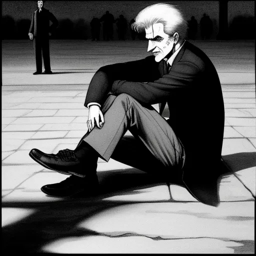 a man sitting on the ground in a suit and tie with his hands on his knees, looking at the ground, by Naoki Urasawa