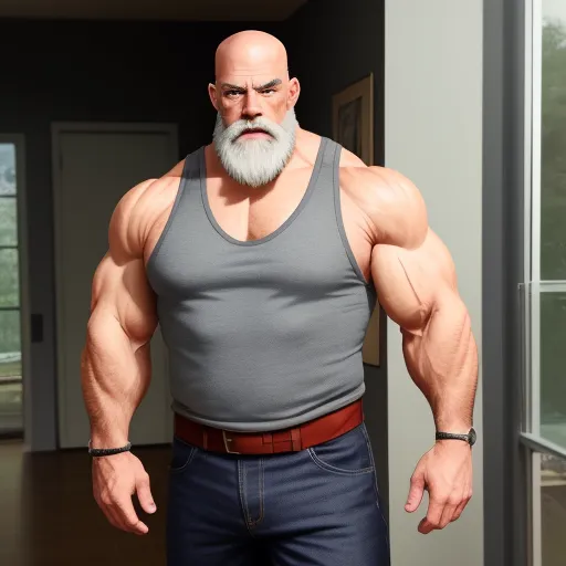 ai image generator names - a man with a beard and a beard wearing a tank top and jeans standing in a room with a large window, by Akira Toriyama