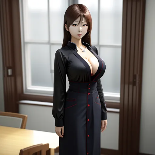 a woman in a black dress standing in front of a window with a red button down skirt on her chest, by NHK Animation