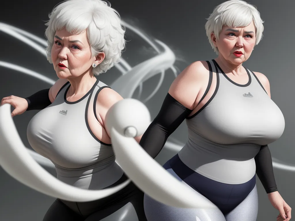 a woman with white hair and a grey top is holding a white object in her hands and a white object in the other hand, by Lois van Baarle