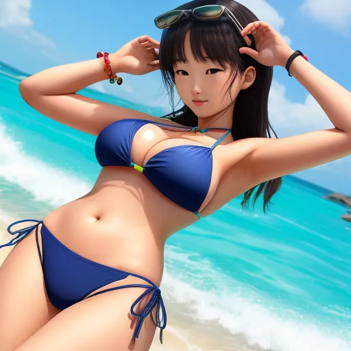 ai text to image - a woman in a bikini on the beach with a hat on her head and sunglasses on her head,, by Toei Animations