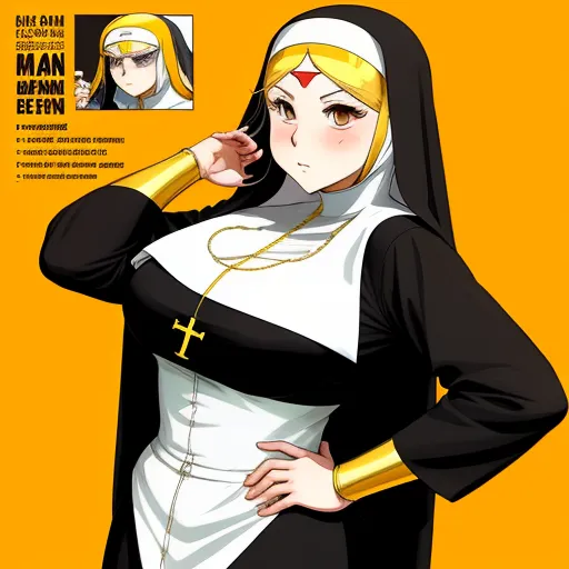 ai generate image - a woman in a nun costume with a cross on her chest and a cross on her chest, standing in front of a yellow background, by Hiromu Arakawa