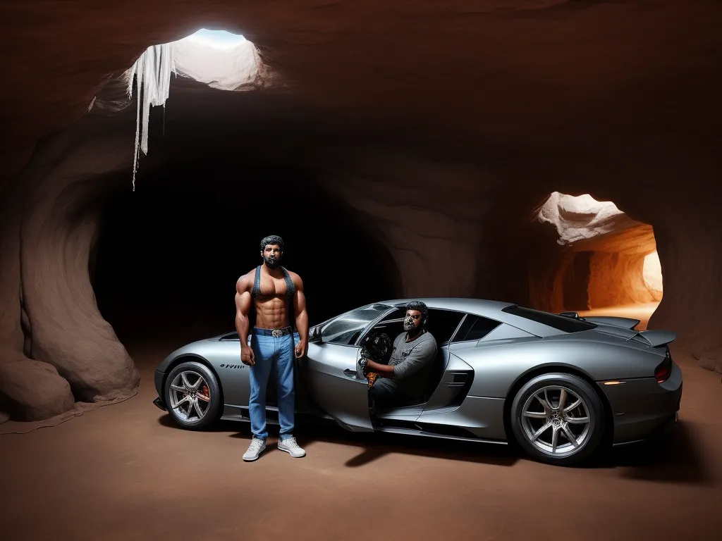 ai text to image - a man standing next to a sports car in a cave with a cave entrance behind him and a cave entrance behind him, by David LaChapelle