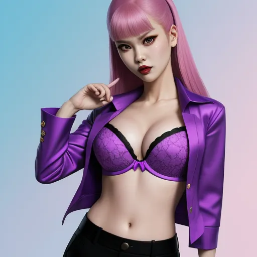 make picture higher resolution - a woman with pink hair wearing a purple jacket and bra top with a black skirt and black heels and a pink wig, by Terada Katsuya