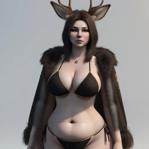 a woman in a bikini with deer horns on her head and a fur coat over her shoulders, standing in a pose, by Terada Katsuya